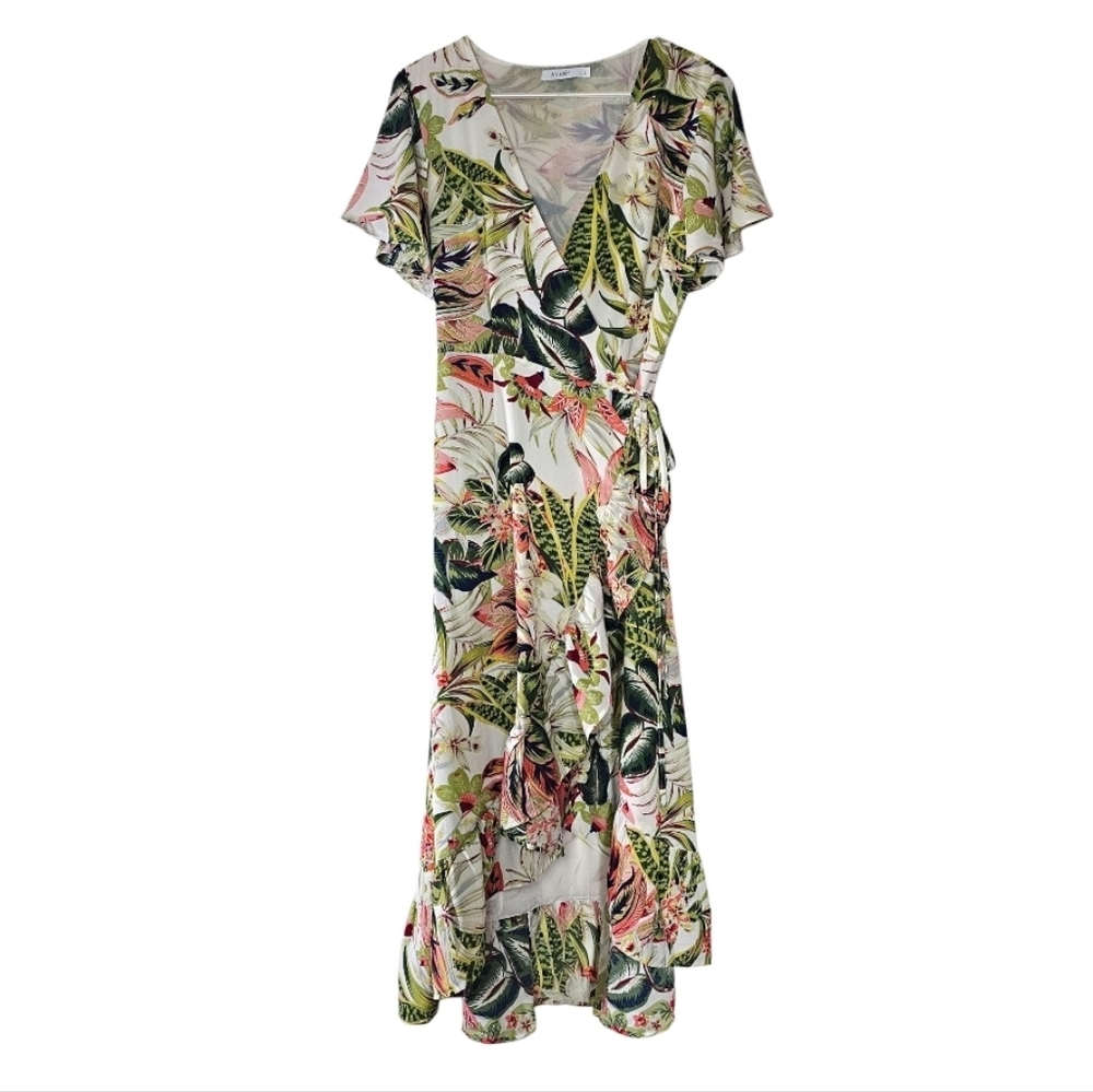Anany Tropical High-Low Short Sleeve Wrap Dress Sz L